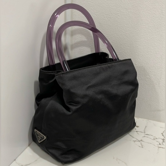 6. PRADA Milano Black Satin Top Lucite Double Handle Bag w Authentication Cards - Picture 2 of 16